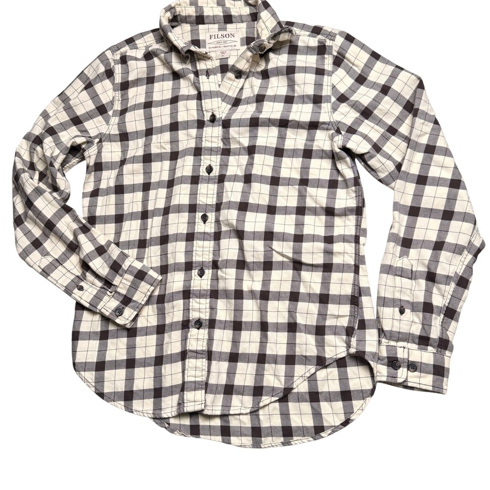 Filson Men Plaid Flannel Button Shirt M Cream Brown Outdoor Rugged Heritage Gorp